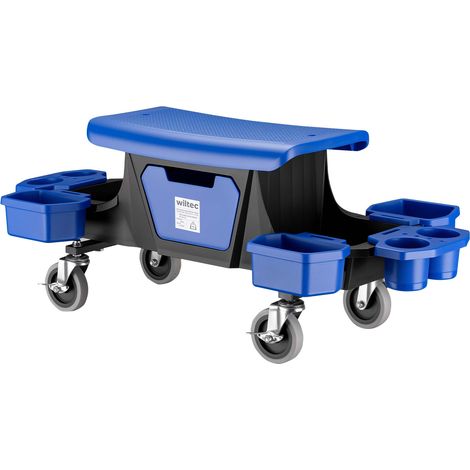 Wiltec Rollsitz bis 150 kg, Werkstatthocker mit Rollen, Rollhocker mit Werkzeugablage und Halterungen, Werkstattstuhl mit versteckter Schublade, Montagehocker mit Rädern