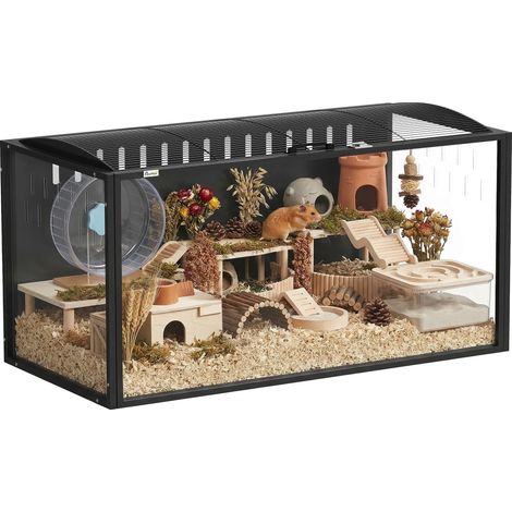 PawHut jaula para hámster grande, 105x51x53 cm, casa para roedores pequeños con tapa ventilada abatible, marco de acero, paneles transparentes, negro (1/5)