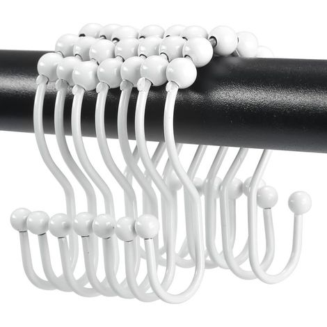 Lot de 12 crochets de rideau de douche en métal antirouille, anneaux de rideau de douche en métal antirouille, crochets doubles pour rideau de douche, blanc (1/5)