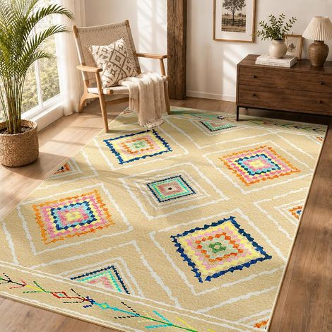 JSSEVN - Maschinenwaschbarer Wohnzimmerteppich 120 x 180 cm, rutschfest, marokkanischer Stil, beige, für Wohnzimmer, Flur, Schlafzimmer und Küche (1/5)