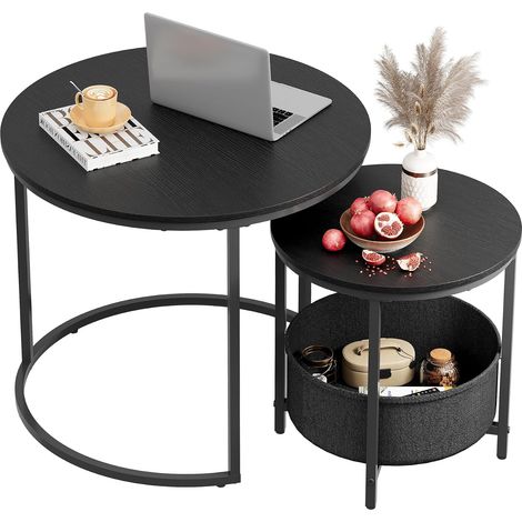 Set de 2 tables basses rondes noires, panier tissu, cadre métal (1/5)