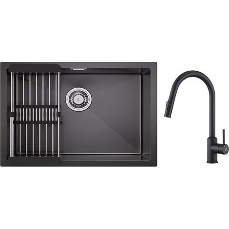Fregadero de cocina de acero inoxidable de 1 seno de 60 x 44 cm con escurridor y grifo mezclador de cocina con rociador extraíble giratorio 360° en color negro (1/5)