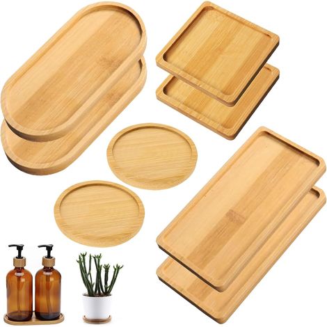 8 Pièces Mini Plateau en Bambou Naturel, Fait à la Main, pour Servir des Desserts ou Plantes en Pot (4 Formes)