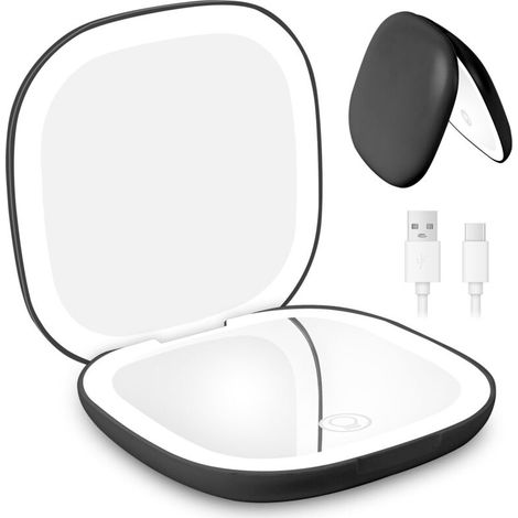 Rechargable Miroir de Voyage Grossissant, 10X/1X Miroir Maquillage Grossissant Lumineux, Miroir de Maquillage, avec 3 Couleurs Eclairage, Double Face, pour un Maquillage Précis, Noir