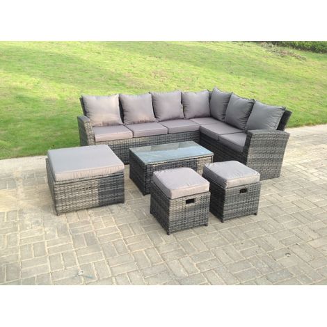 Fimous 9-Sitzer-hoher Rücken-Rattan-Gartenmöbel-Set-Ecksofa mit länglichem Couchtisch und 3-Hocker (1/4)