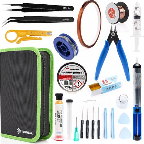 Lötwerkzeug-Set XL: Federmäppchen + Kaptonfolie + 2 Pinzetten + Lötpaste + Flussmittel + Kolophonium + Entlötpumpe + 10-in-1-GSM-Folie + Zubehör
