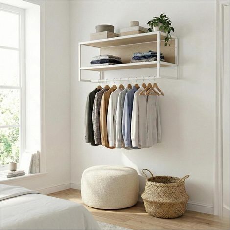Etagère penderie murale MALYA en bois et métal blanc 90x40cm
