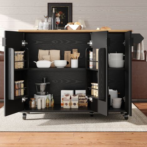 Isola cucina 130x45/75x92 cm nera con piano pieghevole, ruote, 3 ante e ripiani regolabili (1/5)