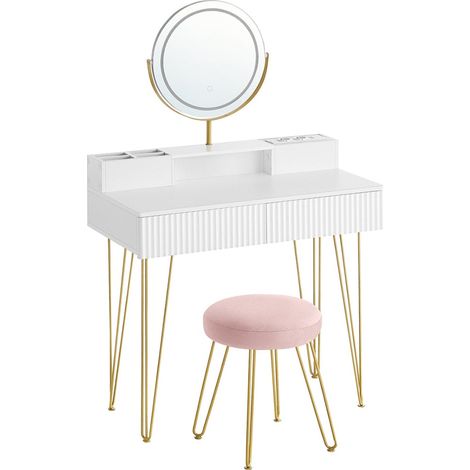 Tocador con espejo giratorio y taburete espejo tocador con iluminación y regleta taburete acolchado para dormitorio tocador 40 x 80 x 1348 cm blanco mate y oro claro 120005163 (1/5)