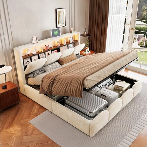 Cadre de lit beige en upholstered 224,9 x 147,6 x 109,5 cm (1/5)