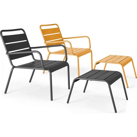 Lot 2 fauteuils relax avec repose-pieds métal gris et jaune - Palavas (1/5)