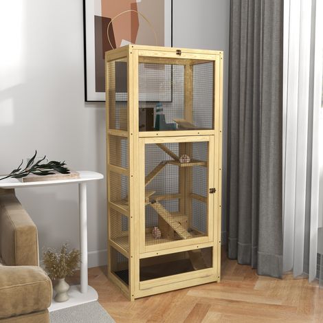 Jaula de madera para hámsteres o animales pequeños, 5 niveles con escalera, escondite y columpio, 54 x 38 x 131 cm, natural