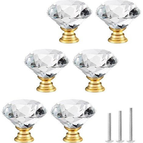 Kristallglas Schrankknöpfe Kommode Möbelknöpfe Kristall Möbelgriffe 30mm Diamant-Stil mit Goldbasis Ziehgriffe für Kommode, Schränke, Küche, Garderobe, Badezimmer usw. (6stk, Transparent) (1/5)