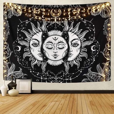 Tenture murale psychédélique Tarot Soleil et Lune (150x130cm), décoration textile chambre dortoir fête, affiche tissu ésotérique, tapisserie hippie bohème pour mur. (1/5)