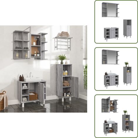3-tlg. Badmöbel-Set Grau Sonoma Holzwerkstoff - Badmöbel Set - Badezimmermöbel - Holzwerkstoff - Grau Sonoma - Waschtischschrank (1/5)