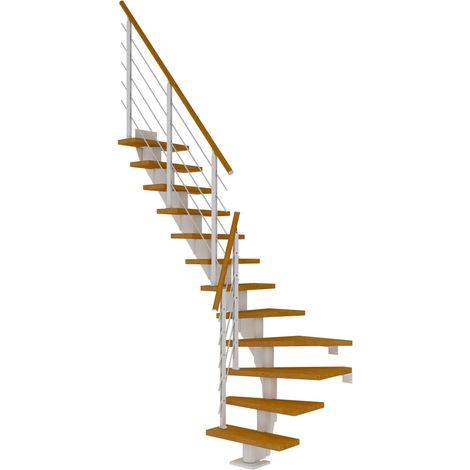 Dolle Mittelholmtreppe Frankfurt 1/4 gewendelt Eiche, geölt 65 cm breit für Geschosshöhen 222 – 258 cm UK Metall Weiß inkl. einseitigem Designgeländer