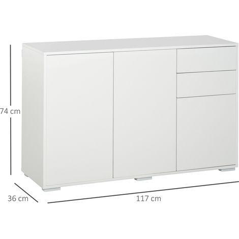 Commode blanche avec 2 tiroirs et 3 portes,armoire polyvalente,classeur,117x36x74 cm