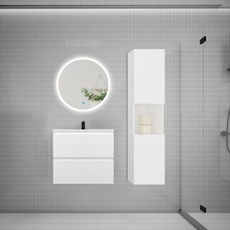 AICA Ensemble meuble vasque L.60cm 2 tiroirs + lavabo + LED miroir rond 60cm + colonne,blanc