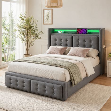 Lit coffre 160x200 avec rangement gaz - led télécommande - prises usbtype-c - tête boutonnée - gris (1/5)