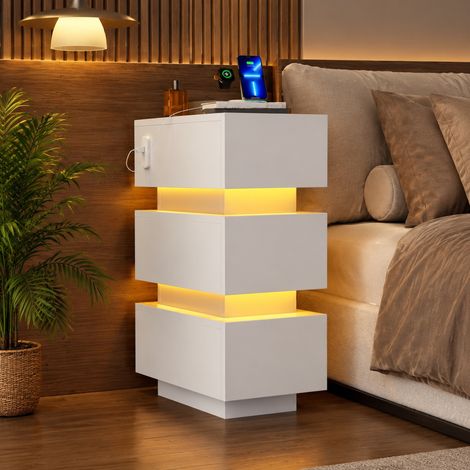 Set di 2 comodini 40x20x59,5 cm bianchi in truciolare, 3 cassetti salvaspazio – MEUBLIV (1/5)