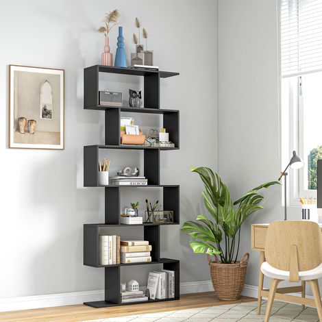 HOMCOM Étagère bibliothèque design zigzag contemporain, 6 niveaux 80Lx23lx192Hcm, meuble de rangement pour salon/bureau, noir (1/5)