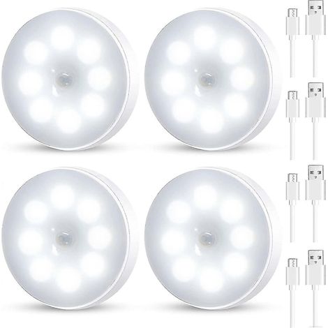 Lot de 4 veilleuses LED rechargeables à détecteur de mouvement, blanches, pour placard, toilettes, escaliers, chambre et cuisine. (1/4)