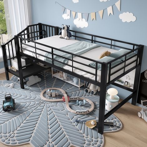 Cama alta 90x200 cm negra con escalera de almacenaje y somier de láminas (1/5)