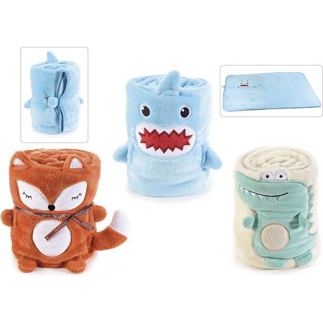 Copertina in morbido peluche e chiusura velcro per bimbi con animaletto volpe, set da 3 pezzi, Aperta: cm 75 x 115 H