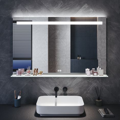 SONNI Wandspiegel LED Badezimmerspiegel mit Beleuchteter Ablage, Quadrat Badspiegel mit Beleuchtung 3 Lichtfarben Rasiersteckdose Anti-Beschlag, 1400 x 850 mm