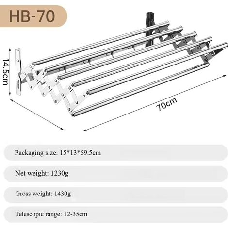 Portasciugamani retrattile in acciaio inox da 70 cm per balcone/mensola, senza fori, estensibile e pieghevole, per bagno - ALTRO (1/2)
