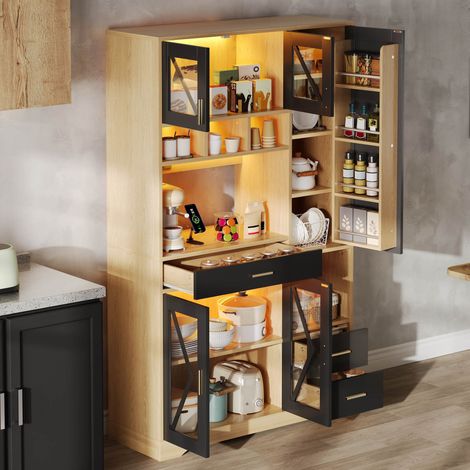 Buffet de Cuisine Vitrine avec 2 Portes, 1 Tiroir, Étagères Réglables, LED et Prises, en MDF, Noir et Naturel (1/5)