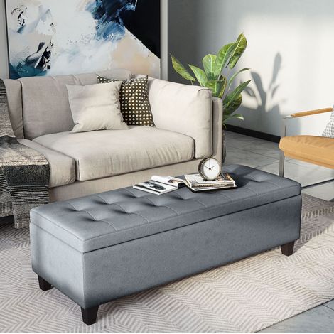 Banc coffre rembourré gris en polyester effet lin, 125 x 49 x 41,5 cm, REDOM (1/5)
