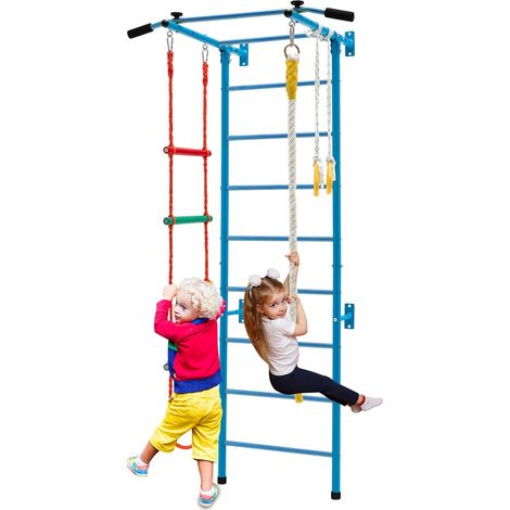 COSTWAY Set di Sbarre per Bambini, Spalliera in Acciaio da Parete per Interni, Sbarra per Trazioni, Scala a Corda, Corda e Anelli da Ginnastica per Bambini dai 3 Anni in su, 107 x 83 x 223 cm (Blu) (1/5)