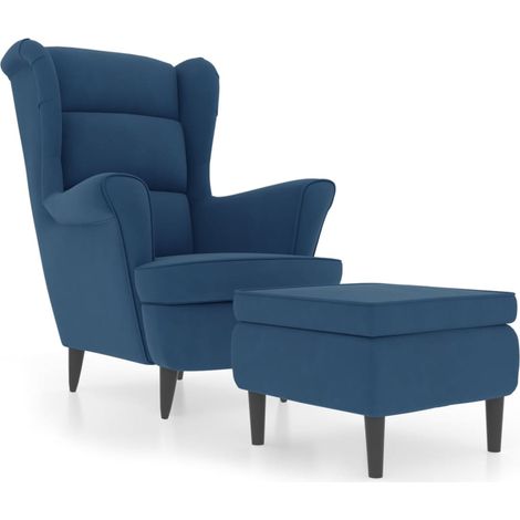 Vidaxl – Fauteuil club bleu velours avec tabouret – Structure en contreplaqué – Accoudoirs confortables – Charge max 110 kg