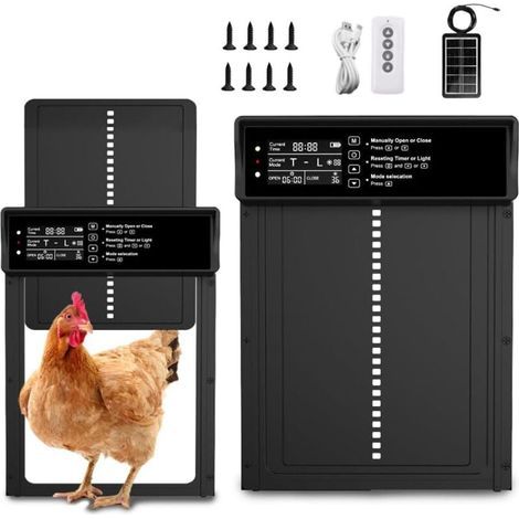 Automatische Hühnerstalltür, solarbetriebene automatische Hühnerstalltür mit Zeit-/Temperatur-/Licht-/Fernbedienungssteuerung, IP45, automatische Hühnerstalltür mit intelligentem Einklemmschutz (1/5)