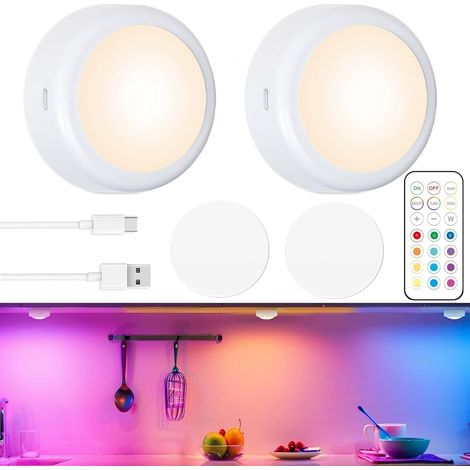 2 Pcs Lumières Puck LED Rechargeables, 13 Couleurs Éclairage Sous Armoire, Lumière Magnétique Variateur Minuterie Chambre Cuisine Placard (1/5)