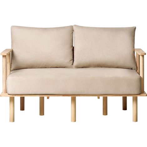 Sofá 2 plazas estilo minimalista estructura de madera clara tapizado en tela beige Asker