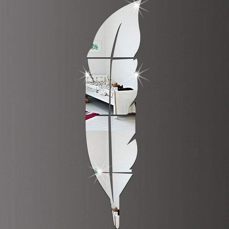 Vinilo decorativo de pared acrílico 3D con efecto espejo, diseño de plumas orientadas hacia la derecha, autoadhesivo, para decoración de interiores, dimensiones: 18 x 73 cm, color plata.