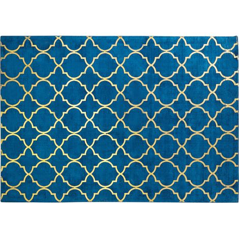 Alfombra azul con patrón de trébol dorado de viscosa y algodón 160 x 230 cm estilo glam moderno Yelki