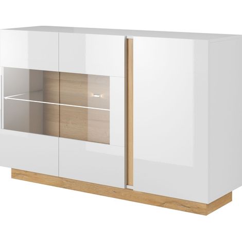 Cassettiera a 3 ante, Bianco + Bianco lucido + Rovere Grandson, 138,2 x 90,5 x 40 cm