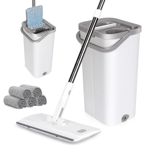 Balai Plat Microfibre et Seau Essoreur, Serpillère Rotative 360° et Seau Système Auto-Essorage pour Nettoyage de Sol Humide & Sec, avec 5 Tampons (Blanc)