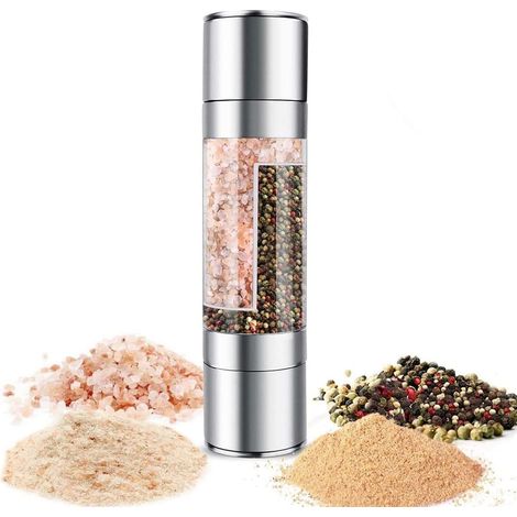 Macina sale e pepe 2 in 1 – Rotore in ceramica regolabile – Acciaio inossidabile – Per cucina e barbecue - Grado di macinatura regolabile - Sale, pepe, condimento (1/5)