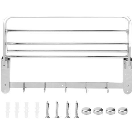 Toallero plegable de acero inoxidable, estante de baño multifuncional de pared con ganchos (1/4)
