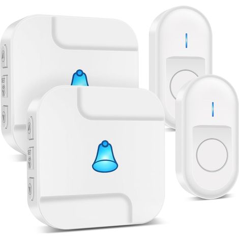 Drahtlose Türklingel: Drahtlose Eingangstürklingel mit 2 wasserdichten Türklingeltasten und 2 Empfängern, IP55 wasserdicht, 55 Klingeltöne, LED-Blitze – Weiß