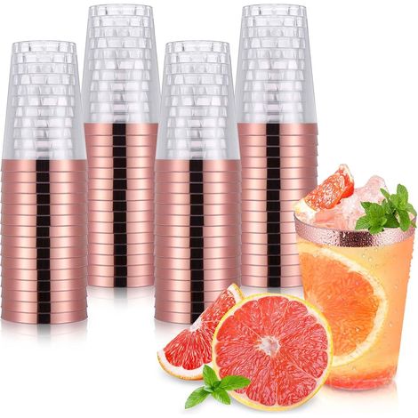 60 Verres Plastique Bord Or Rose, Gobelet Réutilisable 360ml, Tasse Fête Mariage Cocktail