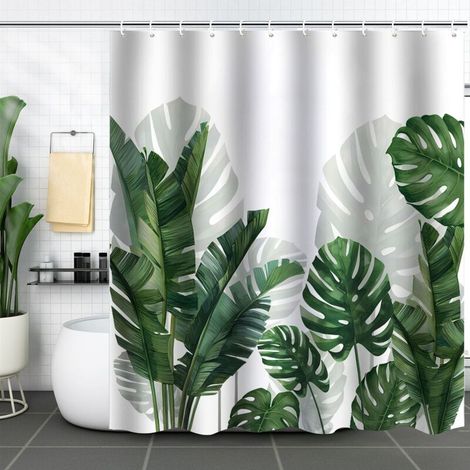 Rideau de douche décoratif avec crochets, motif feuilles de bananier et palmiers frais, 120 x 180 cm (1/5)