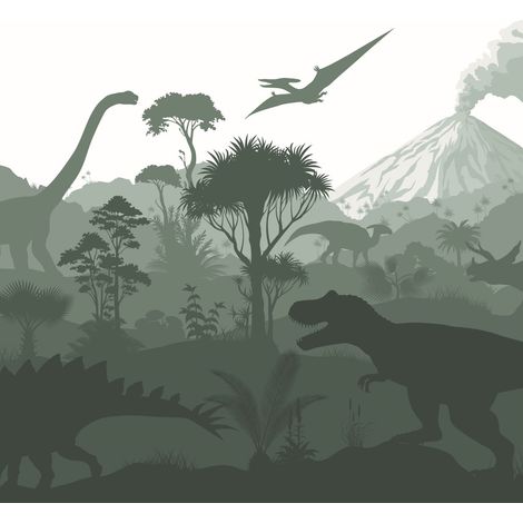 papier peint panoramique dinosaures vert foncé - ESTAhome (1/4)