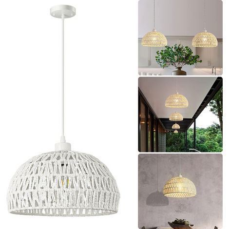 Suspension rustique, Lustre tissé main, Plafonnier bohème, Luminaires îlot, Suspension de plafond, Hauteur réglable, Blanc (1/5)