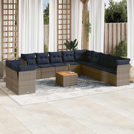 Salon de jardin 12 pièces avec rangement, résine tressée grise et coussins bleu marine, 99.2kg - PANGIVO (1/5)