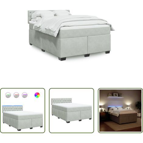 vidaXL LED-Beleuchtung - Boxspringbett mit Matratze Hellgrau 140x200 cm Samt (1/5)